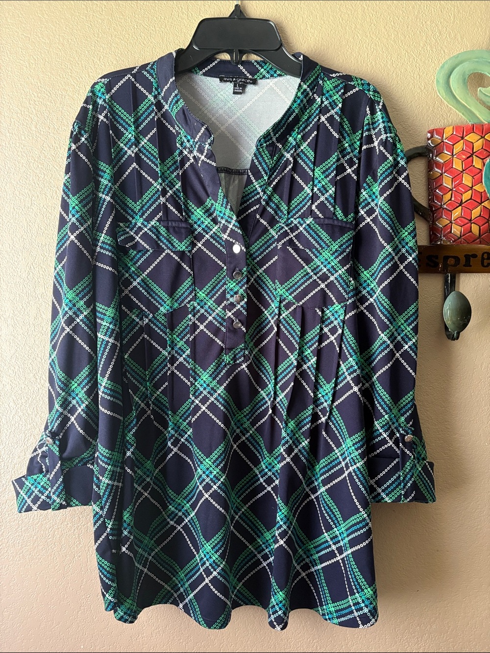 Ava & Grace Navy Plaid Tunic with Green and White Accents